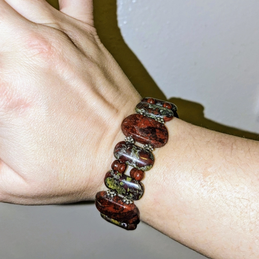 Dragon Blood Jasper & Brecciated Jasper with Silver Genuine Gemstone Bracelet